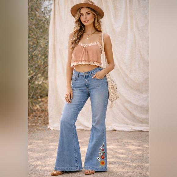 Boutique Denim - Embroidered Light Wash Flare Leg Jeans | XL | Boho Floral Denim